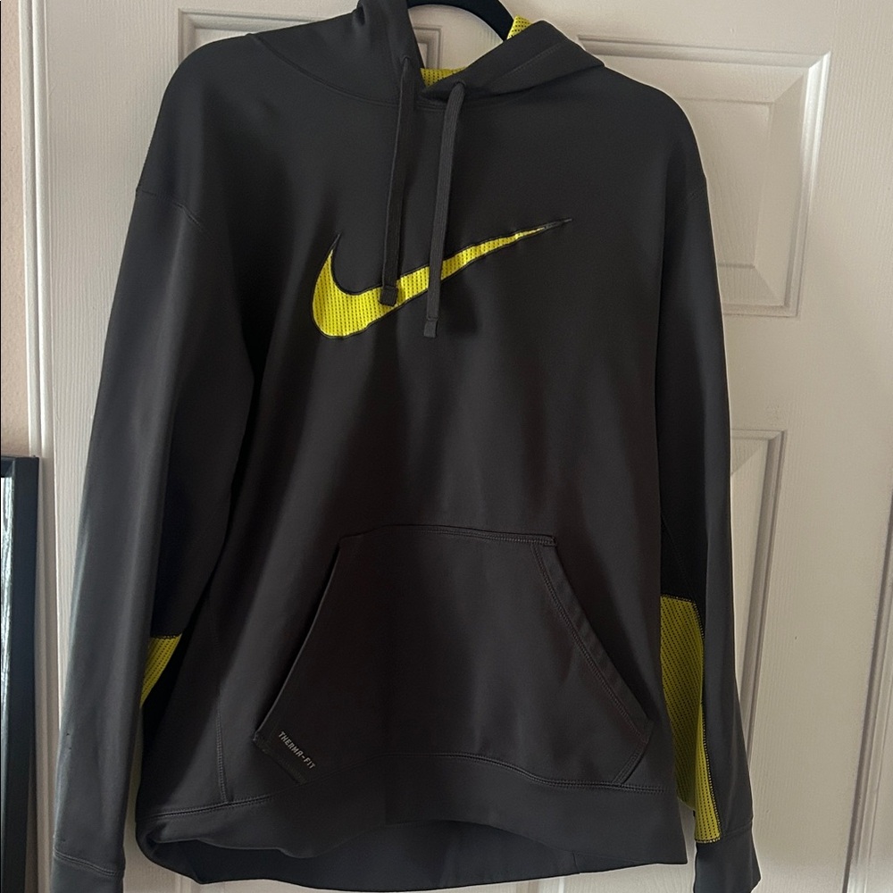 Nike Men's Dark Gray and Yellow Drifit Hoodie